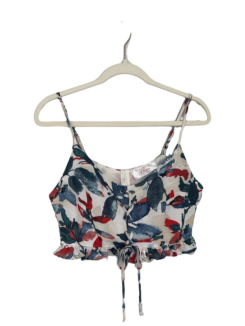 Southern Charm Floral Tie-Front Crop Top in Blue, Red, and White